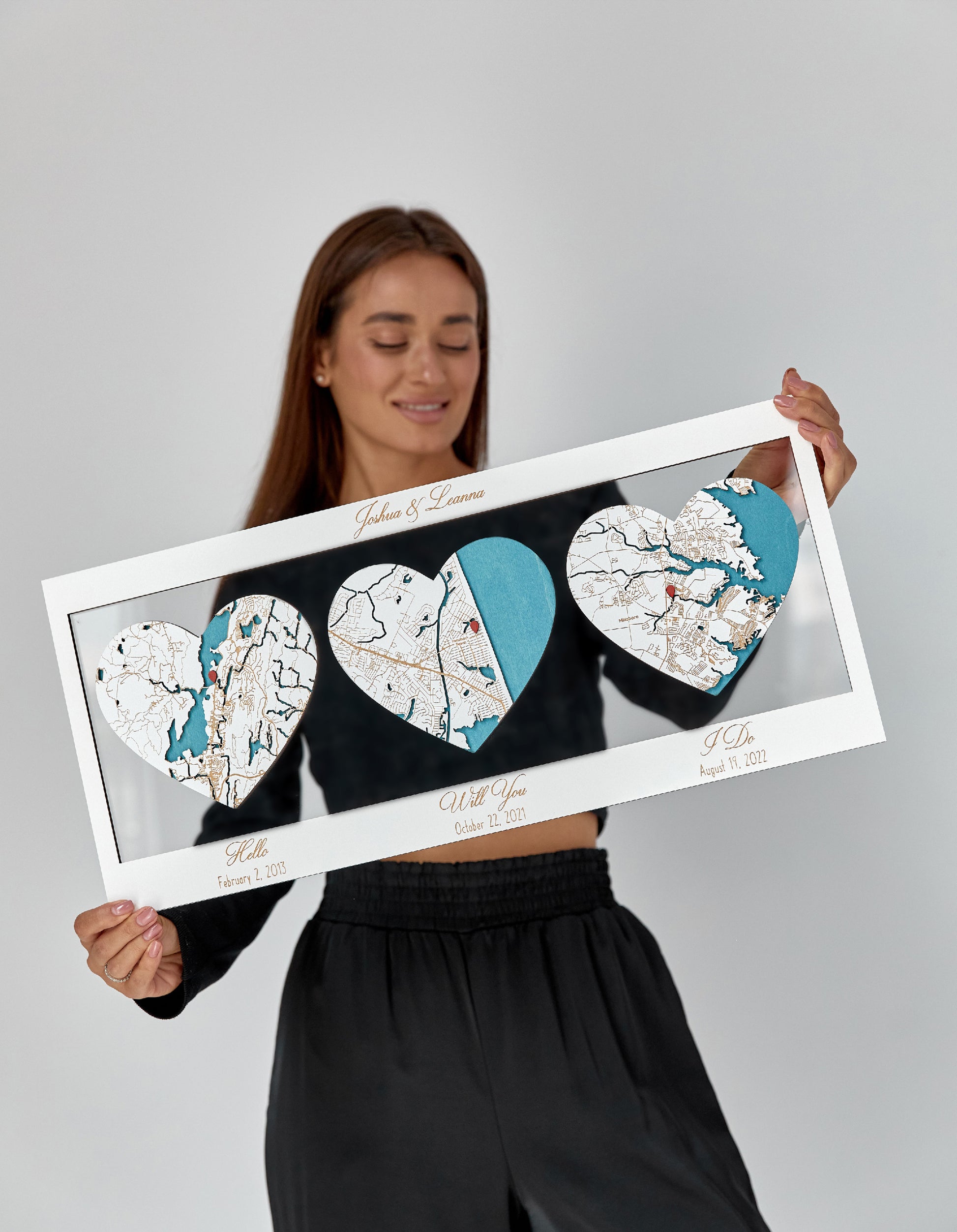 3D Wooden Map for Three Locations Hearts