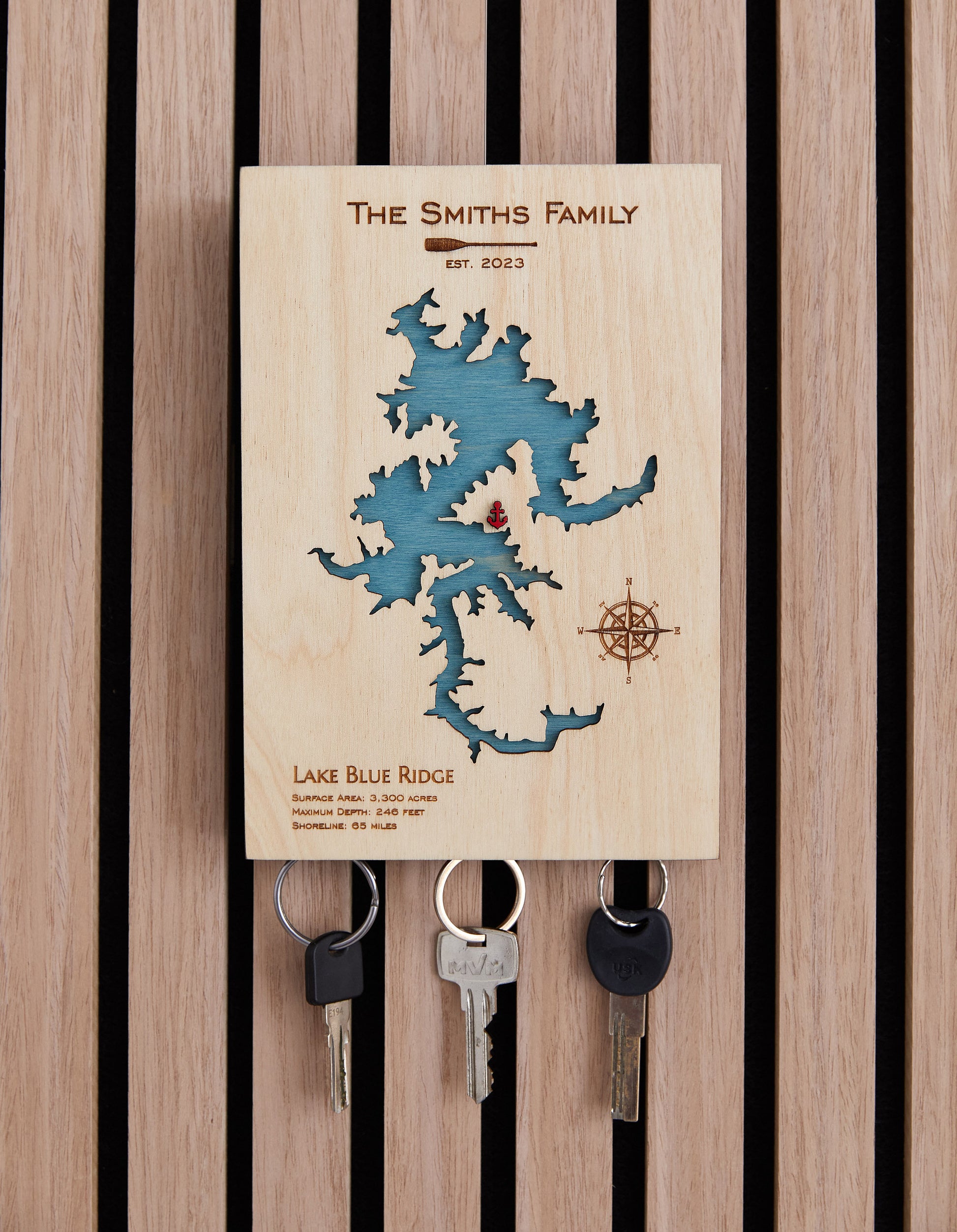 Wooden Lake Map Keyholder for Wall
