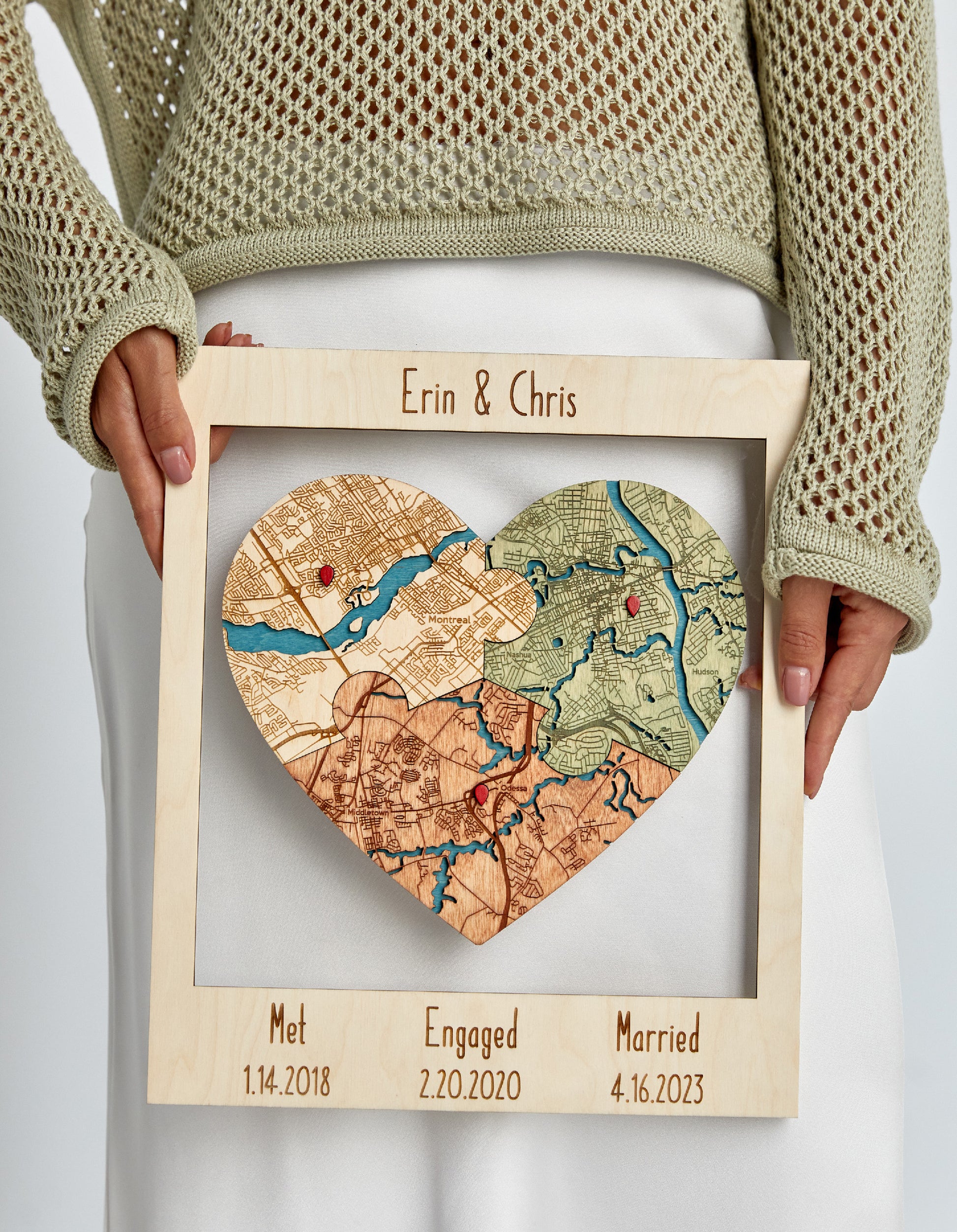 Three Locations Puzzle Map Anniversary Gift - Early American