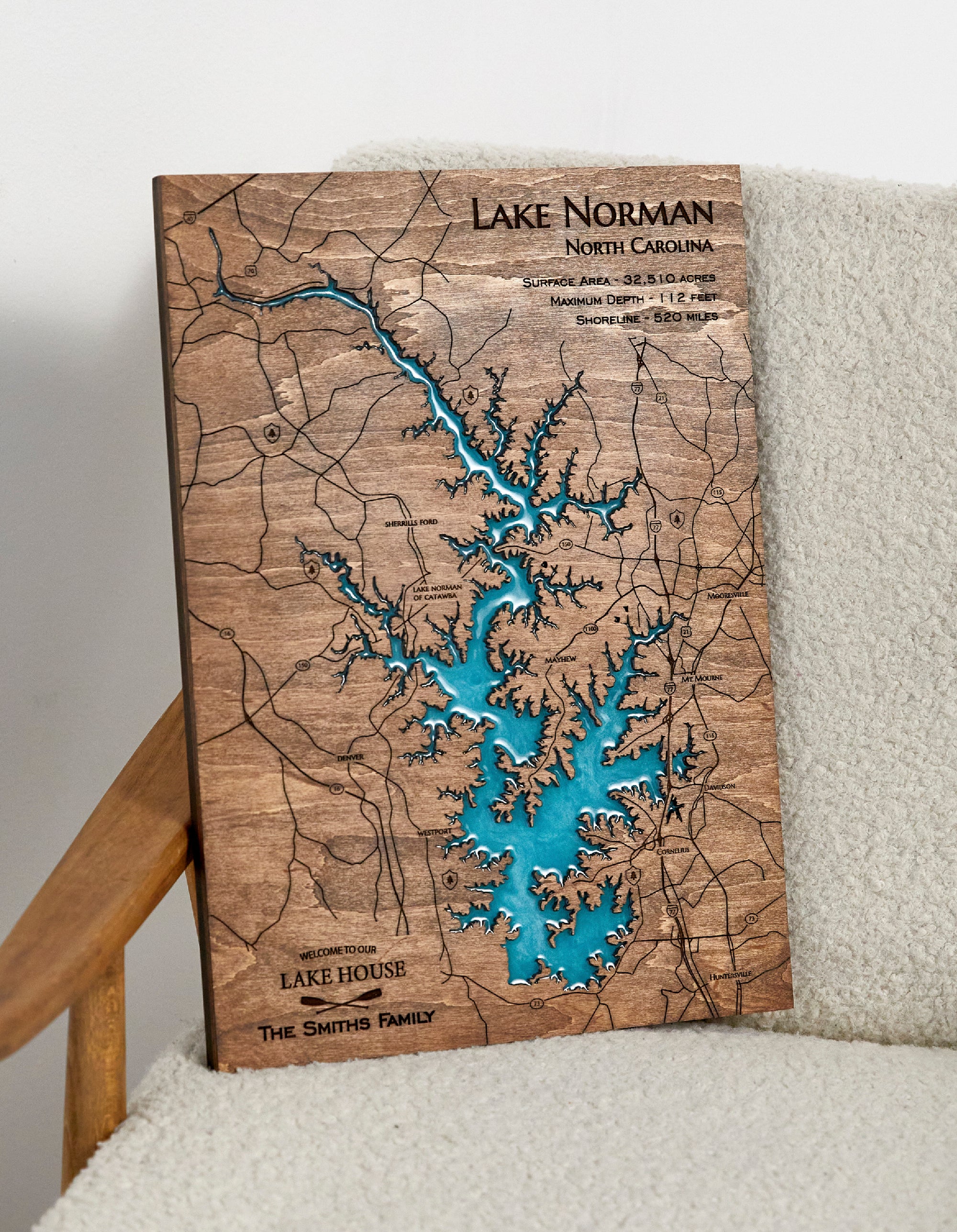 Custom Wood 3D Lake Map With Epoxy Resin - Lake Norman