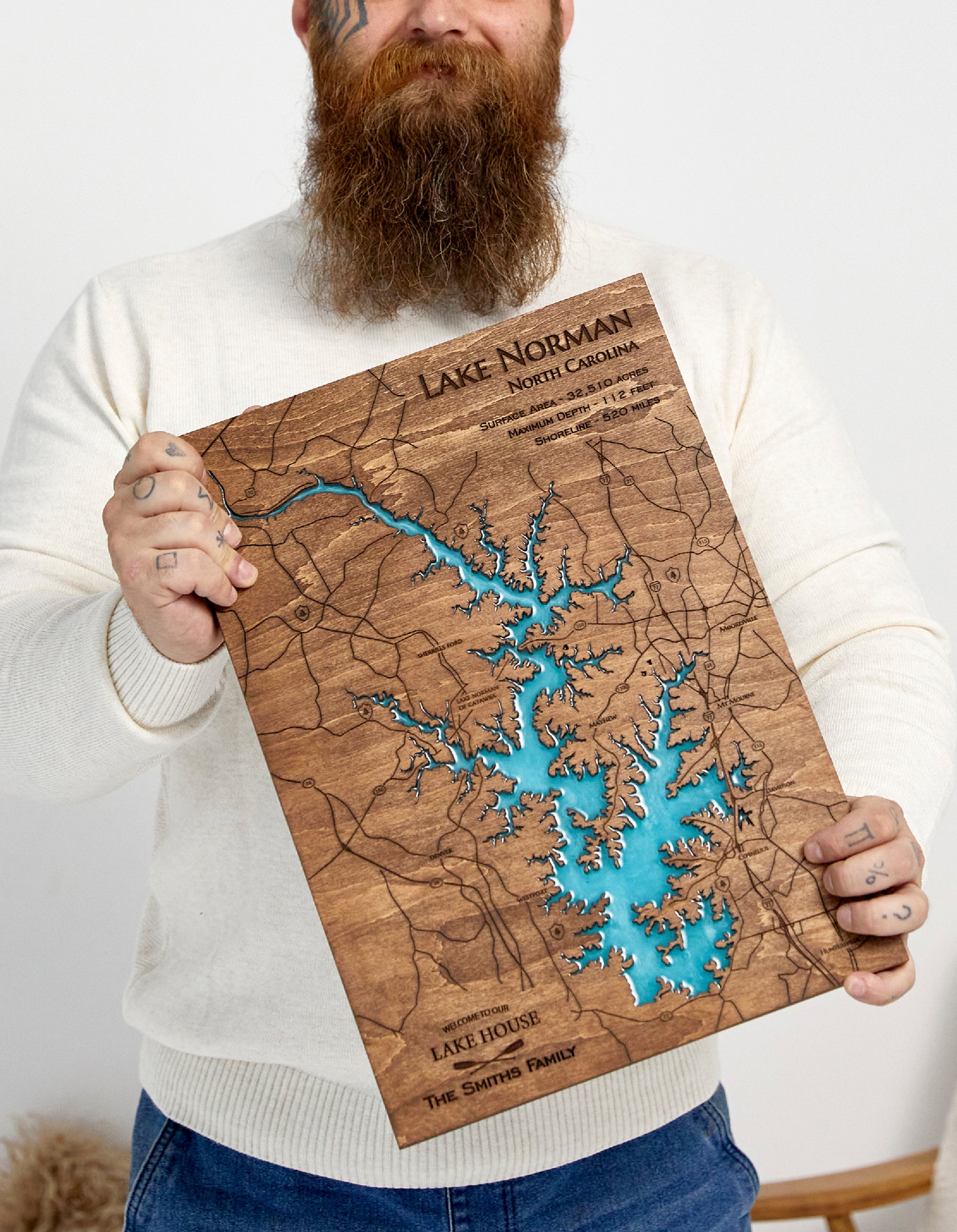 Custom Wood 3D Lake Map With Epoxy Resin - Lake Norman
