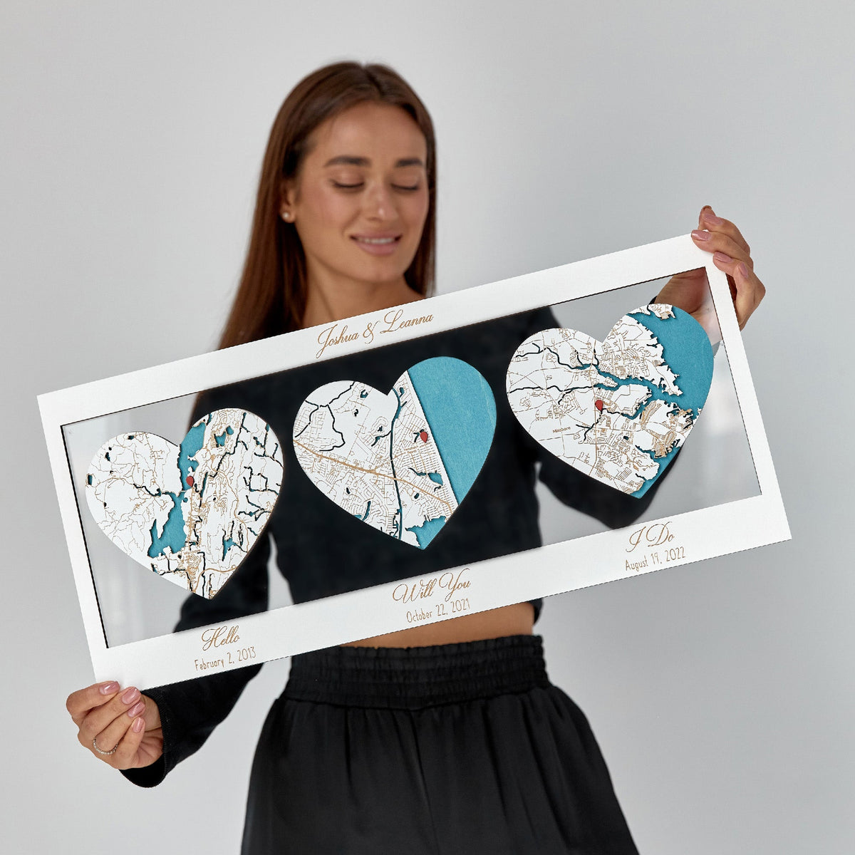 Personalized anniversary gift, 3D heart map with three locations, names and dates.