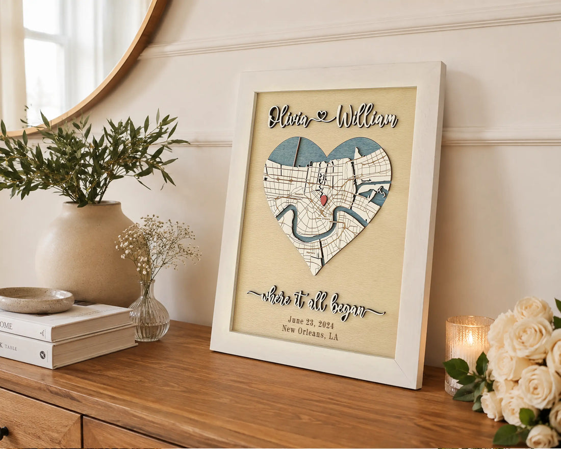 Personalized Where It All Began wooden map displayed on a warm wood dresser with neutral home decor, styled as a meaningful 5th anniversary wood gift for a couple.