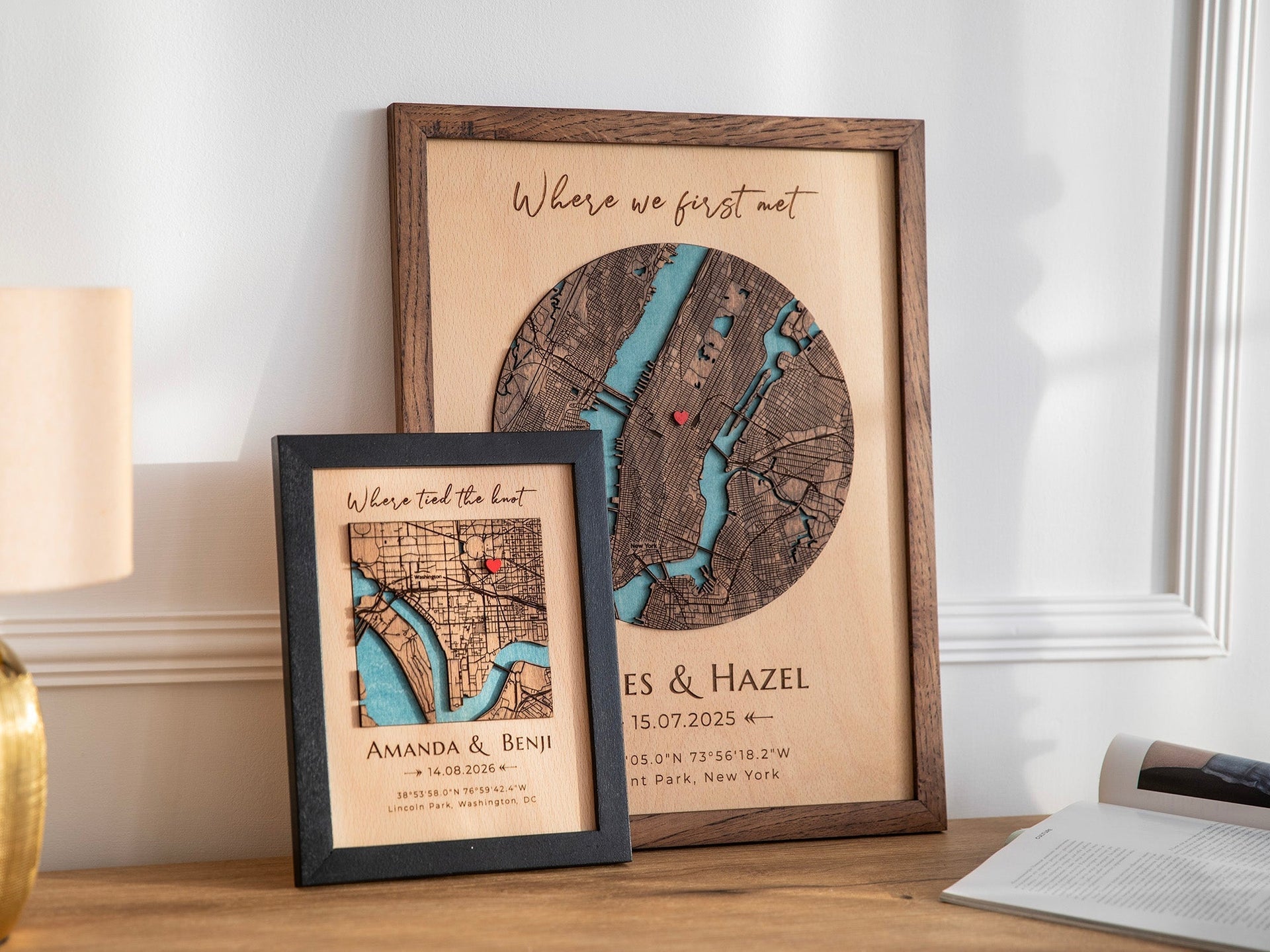Personalized wooden map gifts displayed in a warm home interior, featuring custom wording ideas like where we first met and where tied the knot.