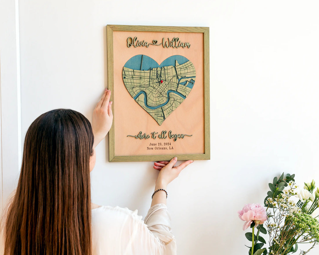 Personalized 3D wooden Where It All Began map with heart-shaped New Orleans location, couple names, date, and white frame anniversary keepsake.
