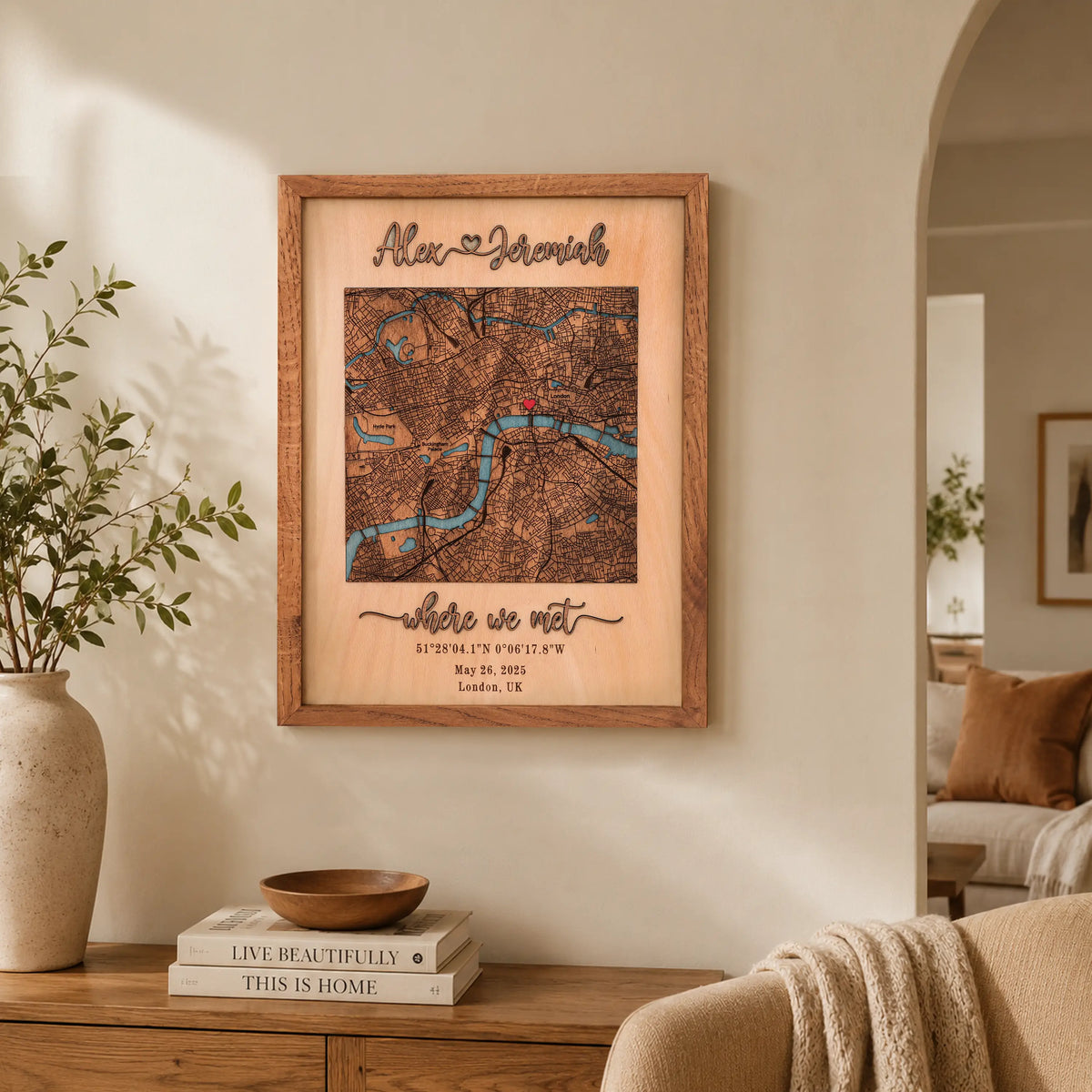 Personalized Where We Met wooden map displayed in a warm home interior, featuring custom couple names, coordinates, date, and London location details.