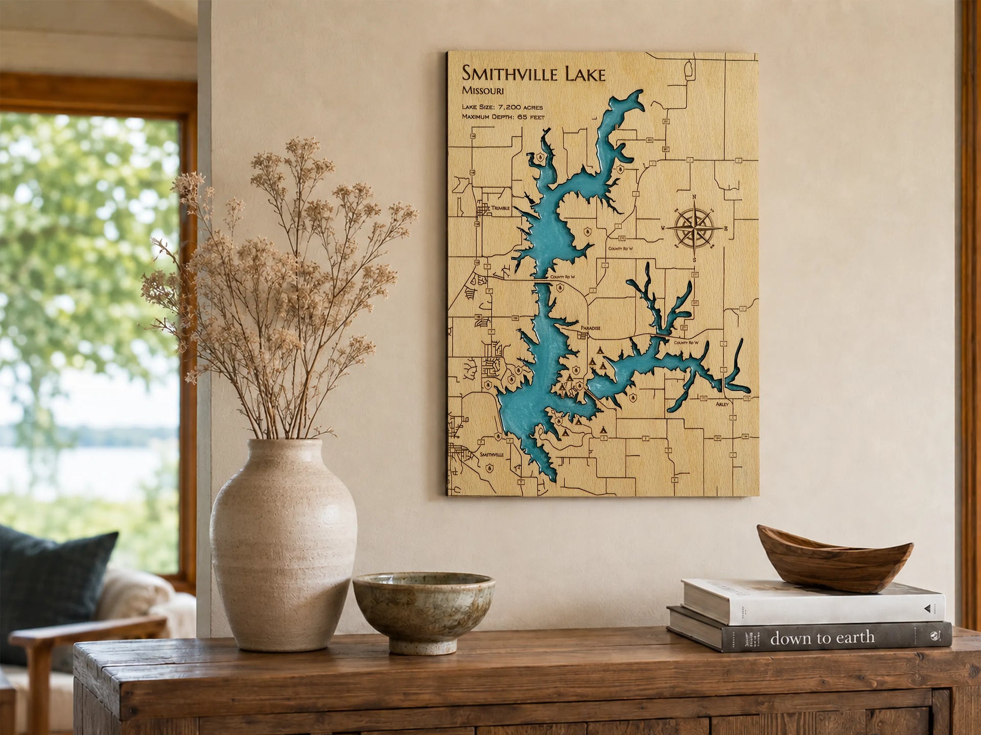 Personalized Smithville Lake wood map wall art displayed in a cozy lake house interior, a thoughtful gift for cabins, cottages, and waterfront homes