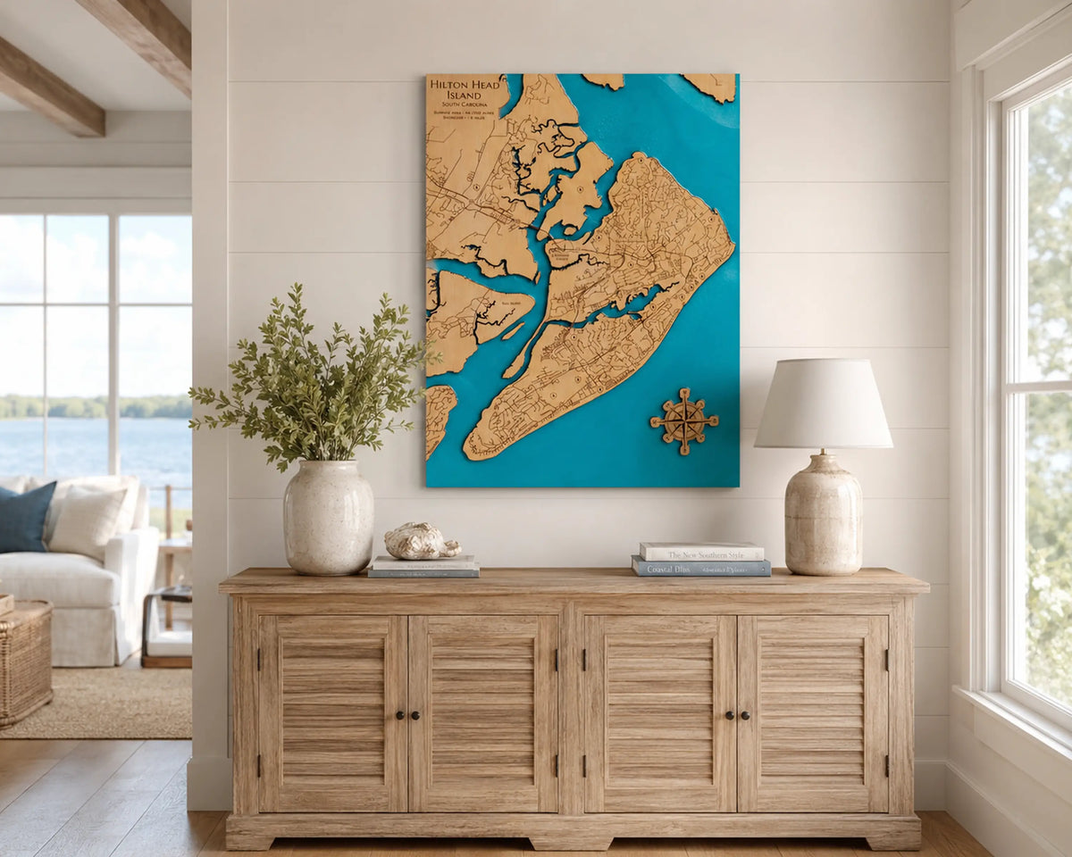 Personalized wooden and blue epoxy Hilton Head Island map shown as custom lake house wall art in a bright coastal interior.