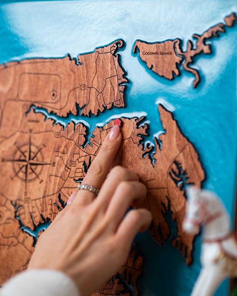 Turn your favorite lake, river, or coastline into a handcrafted 3D wood & epoxy map