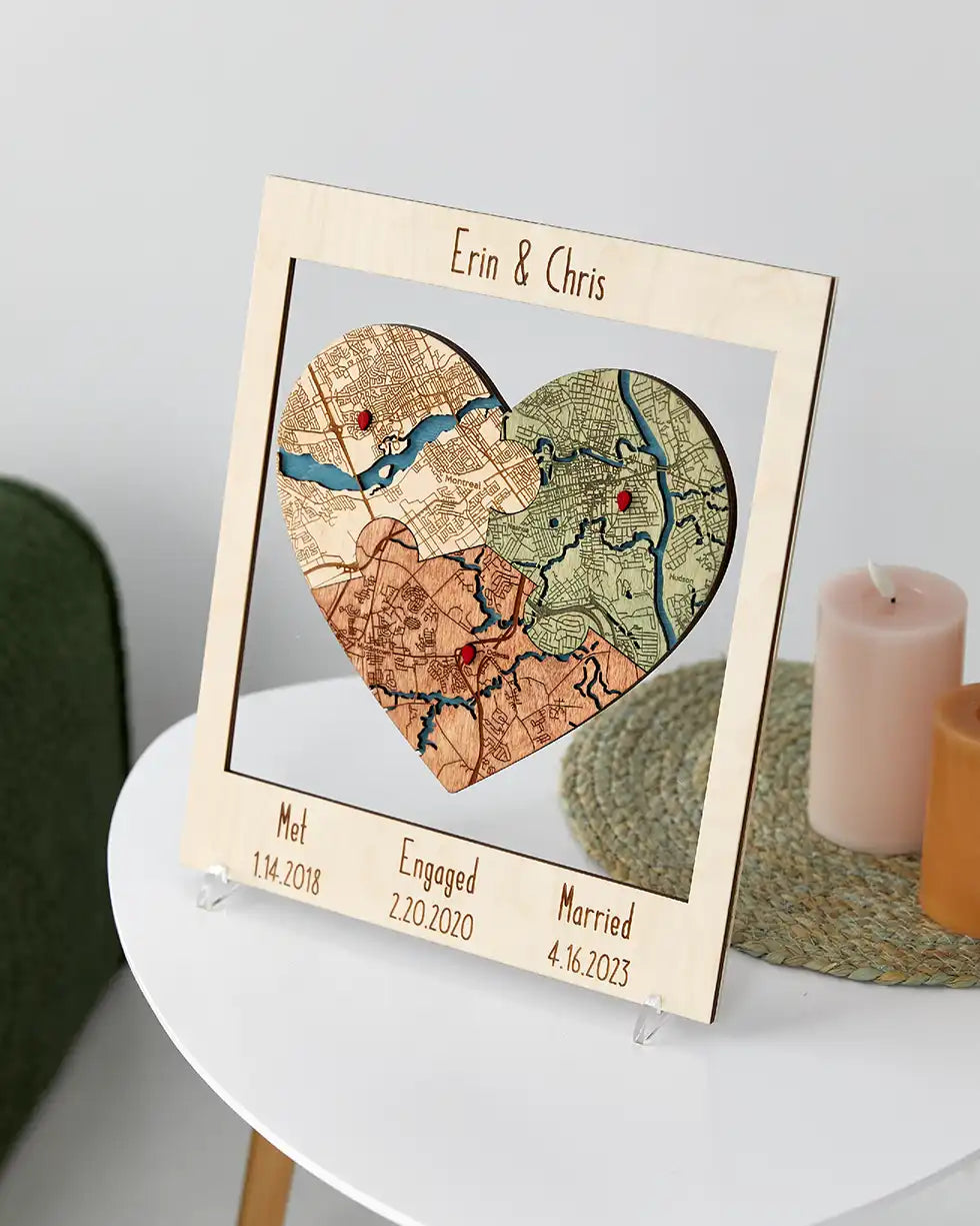 Personalized met engaged married map with three-location heart design for couples milestone gift