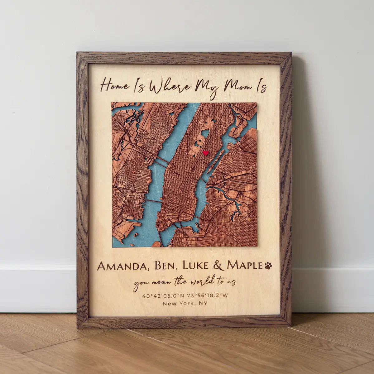 Personalized Mother’s Day wood map frame with “Home Is Where My Mom Is” quote, custom names and coordinates  