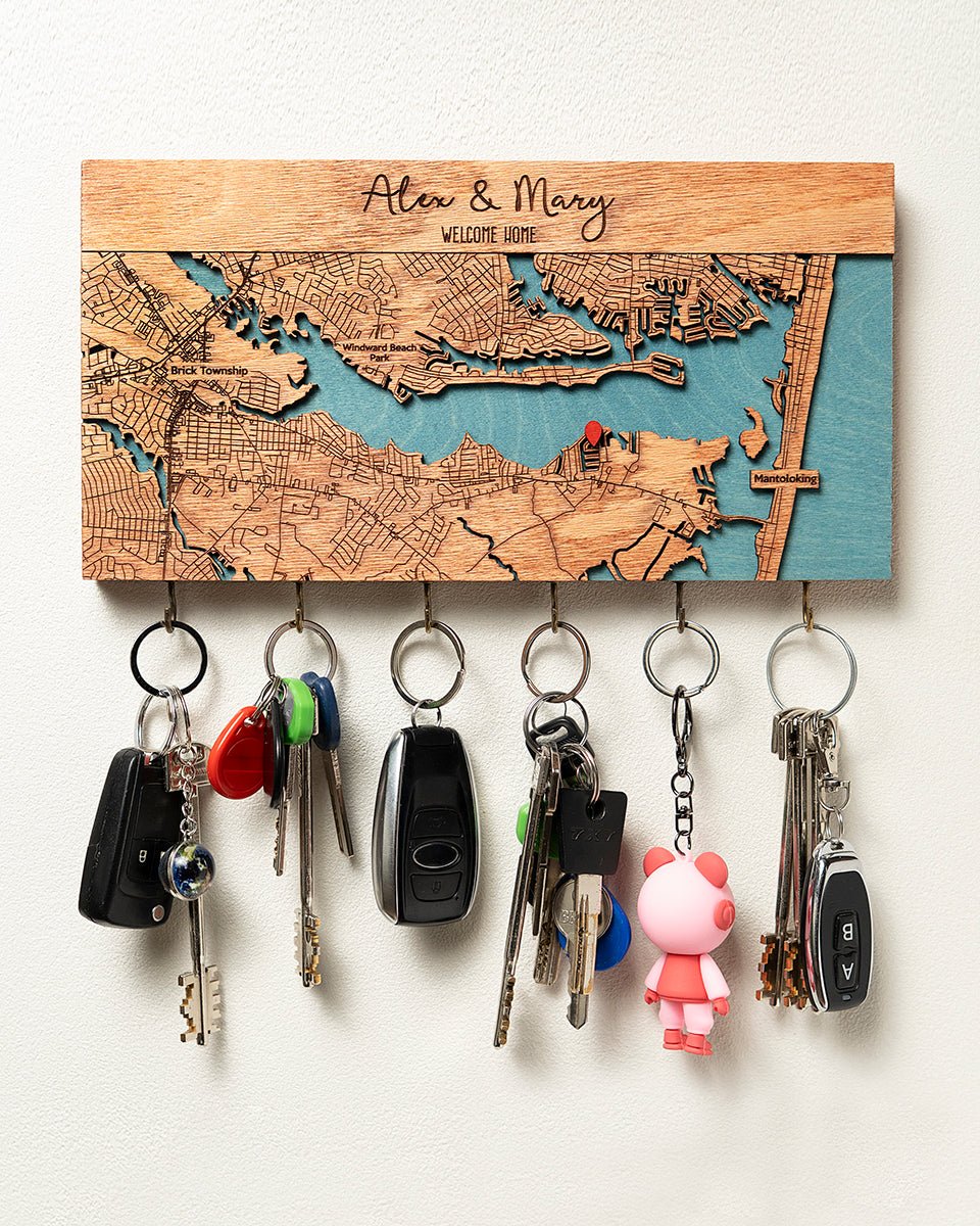 Personalized city map key holder with hooks and custom address