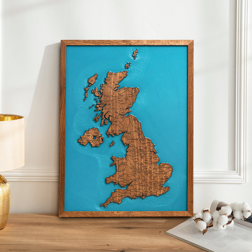 United Kingdom wooden map with epoxy resin in natural oak frame wall art
