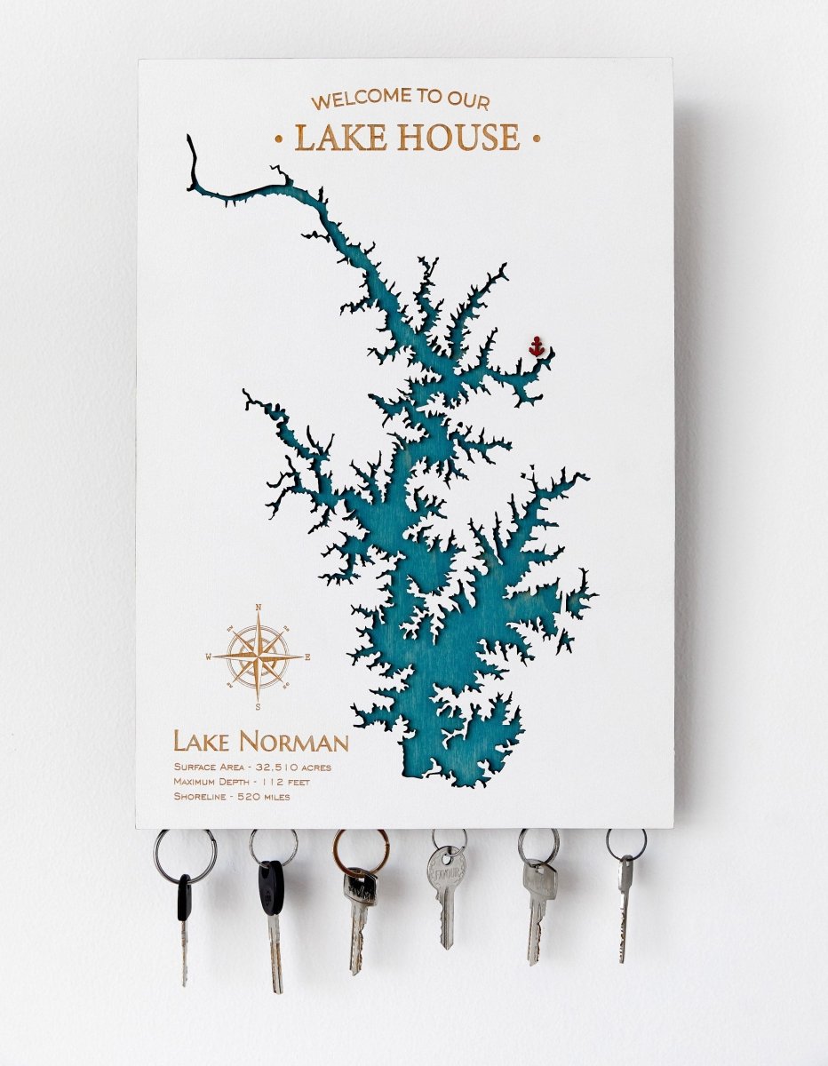 Wooden Lake Map Keyholder for Wall