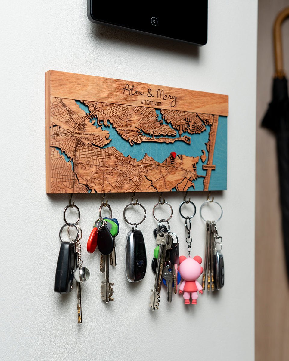 Housewarming gift key holder with hooks personalized home coordinates