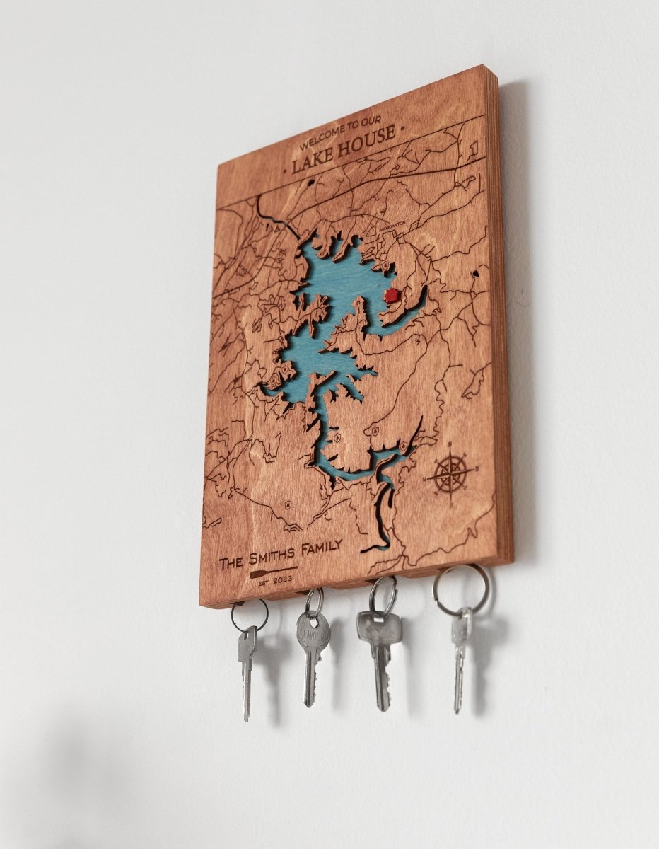 Wooden Lake Map Keyholder for Wall