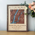 Oak-framed personalized layered wood map artwork on table with flowers, Mother’s Day gift for mom 