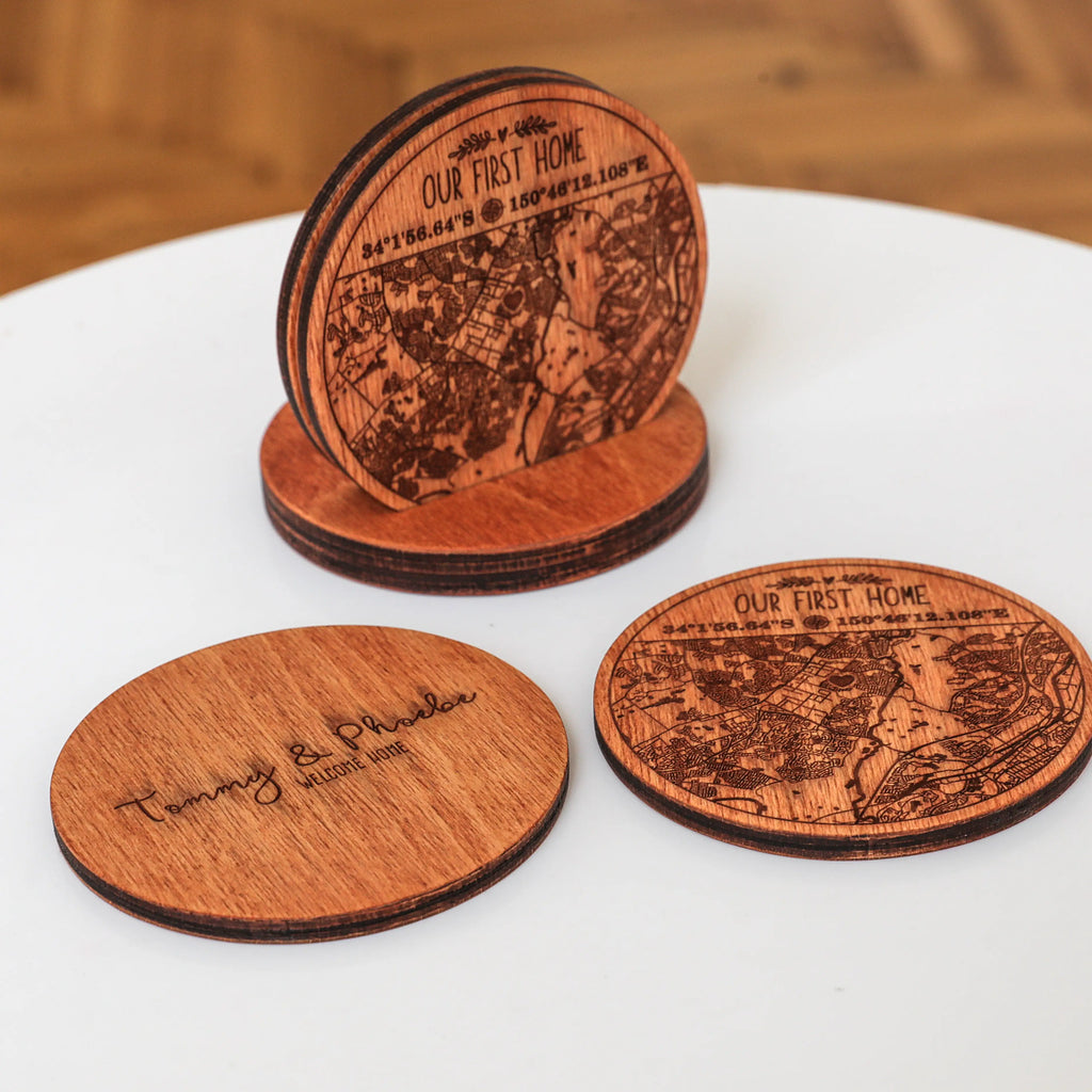 Wooden Drink Coasters | Custom Home Coordinates