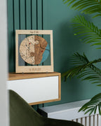 Wooden map decoration on a stand against a green wall with a plant in the foreground