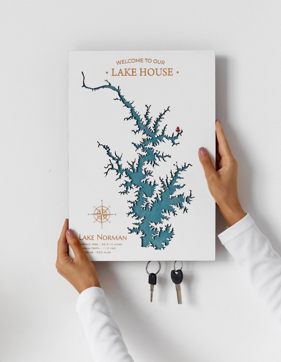 Wooden Lake Map Keyholder for Wall
