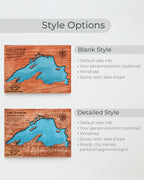 Two styles of a wooden lake map with text detailing style options.