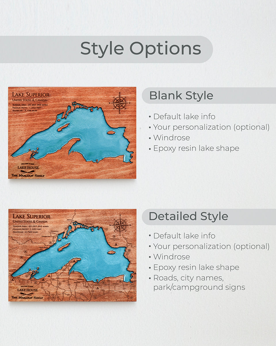 Two styles of a wooden lake map with text detailing style options.