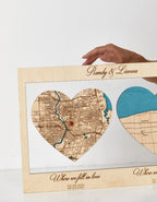 Personalized 3D Wooden Map with Two Locations & Hearts – Custom Long Distance Relationship Gift / Anniversary / Wedding Decor