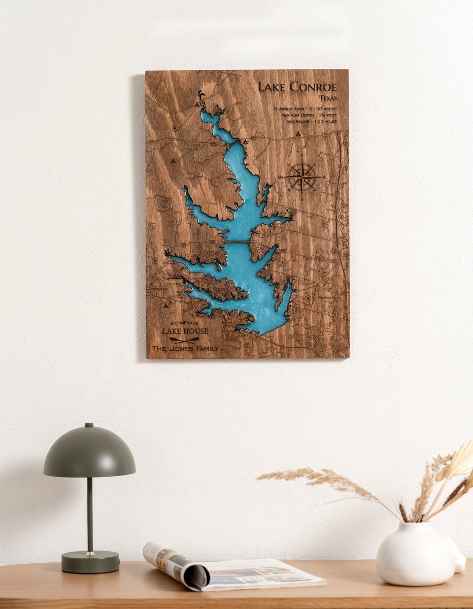Custom Wood 3D Lake Map With Epoxy Resin - Lake Conroe