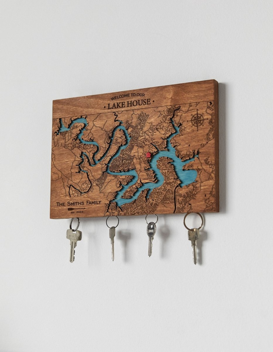 Wooden Lake Map Keyholder for Wall