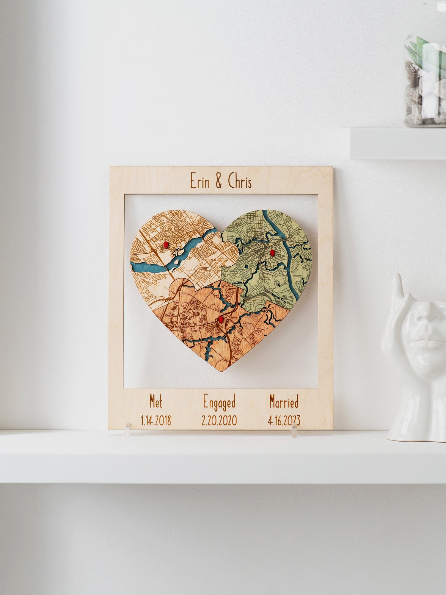 Three Locations Puzzle Map Anniversary Gift - Natural