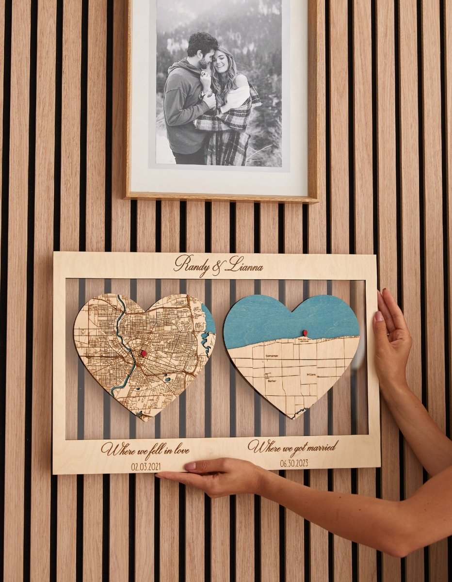 Personalized 3D Wooden Map with Two Locations & Hearts – Custom Long Distance Relationship Gift / Anniversary / Wedding Decor