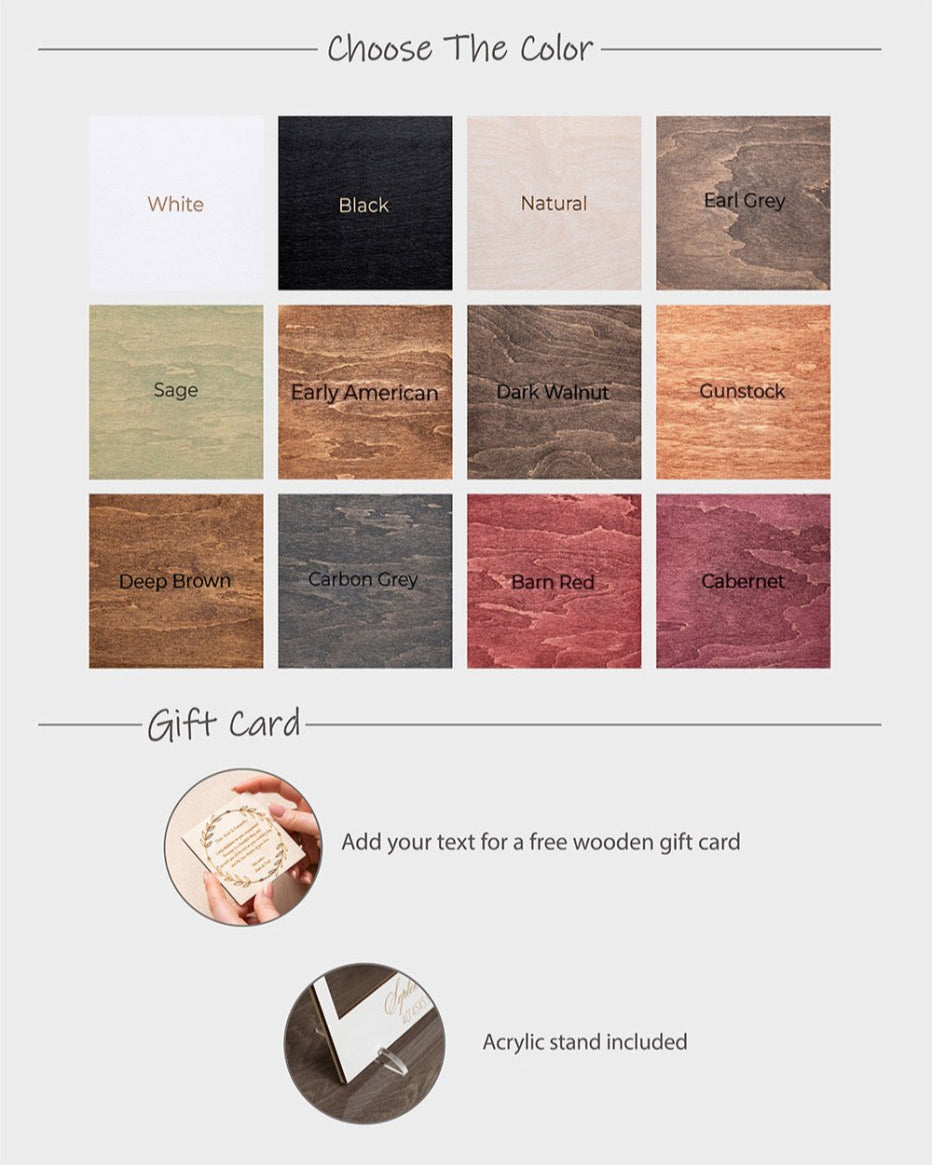 Wooden color swatch chart with various wood finishes and options to add text for a free wooden gift card.