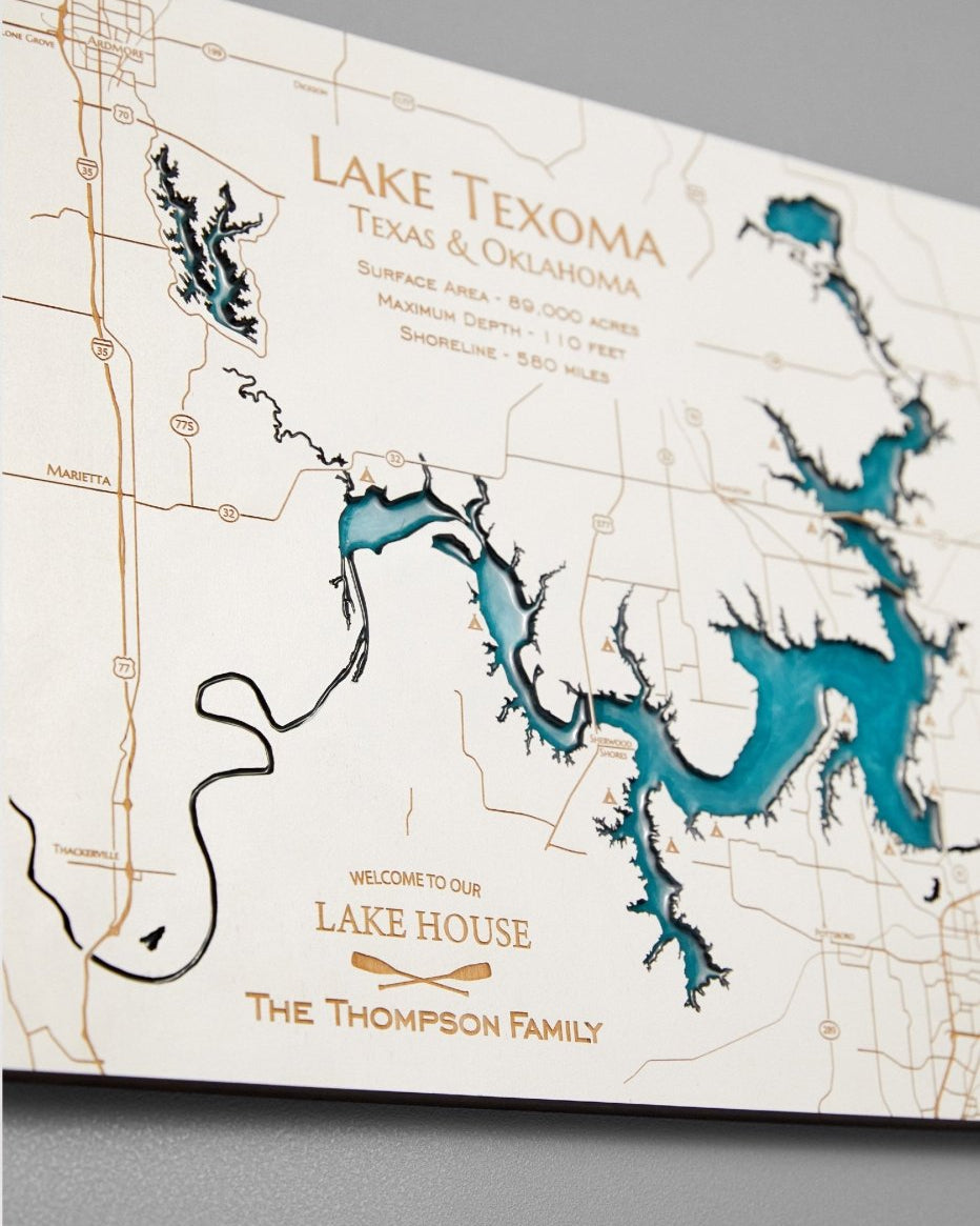 Map of Lake Texoma with personalized text on a gray background
