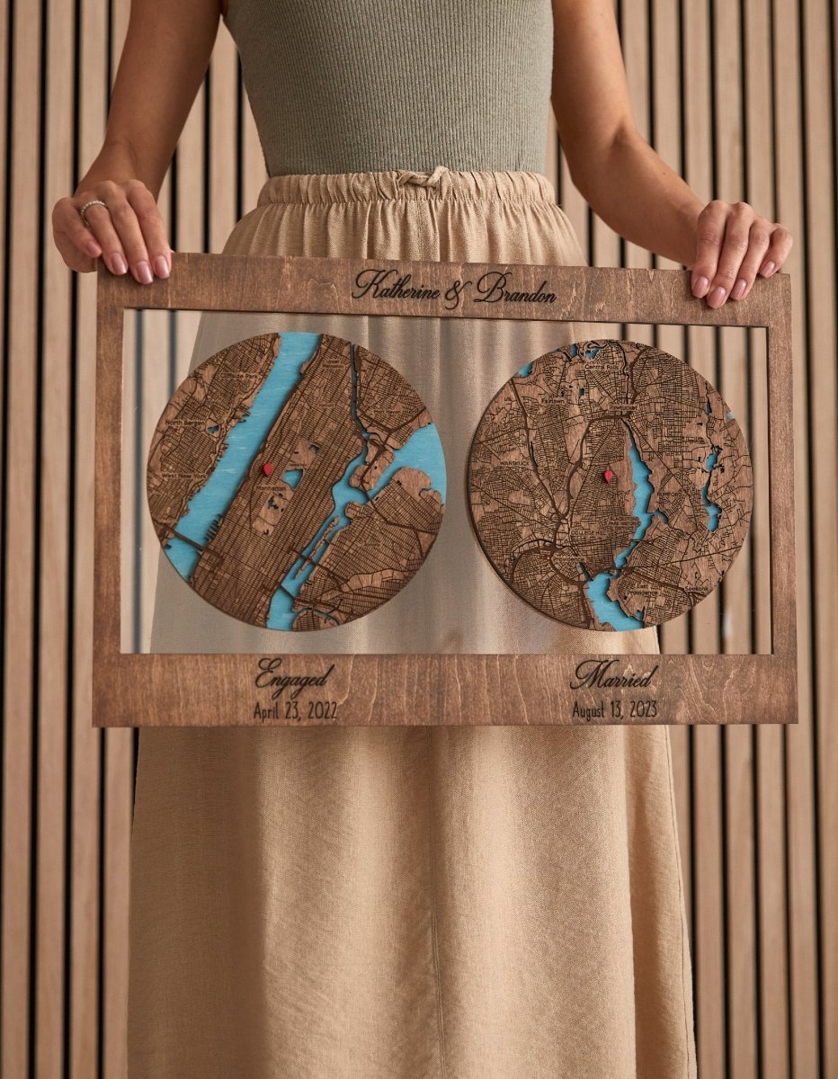 Personalized 3D Wooden Map with Two Locations & Hearts – Custom Long Distance Relationship Gift / Anniversary / Wedding Decor