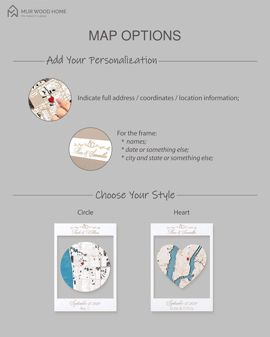 Design customization options for map products with heart and circle designs on a gray background.