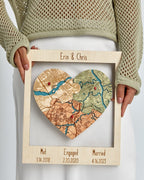 Heart-shaped map with 'Erin & Chris' and dates of significant life events, held by a person wearing a beige sweater.