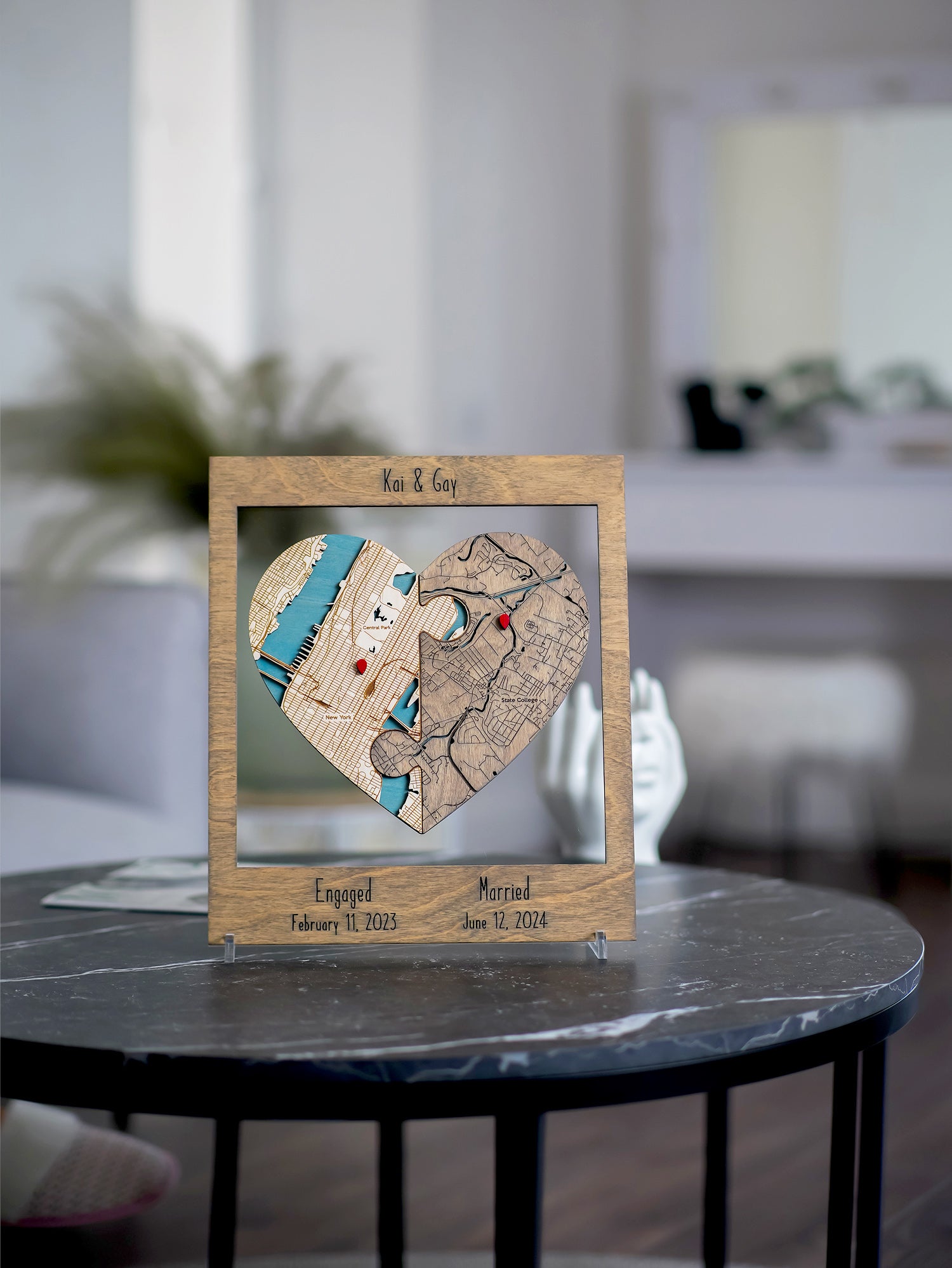 Two Locations Heart Puzzle Map Newlywed Gift