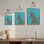 Size chart comparison for United Kingdom wooden map with epoxy resin showing M L and XL dimensions