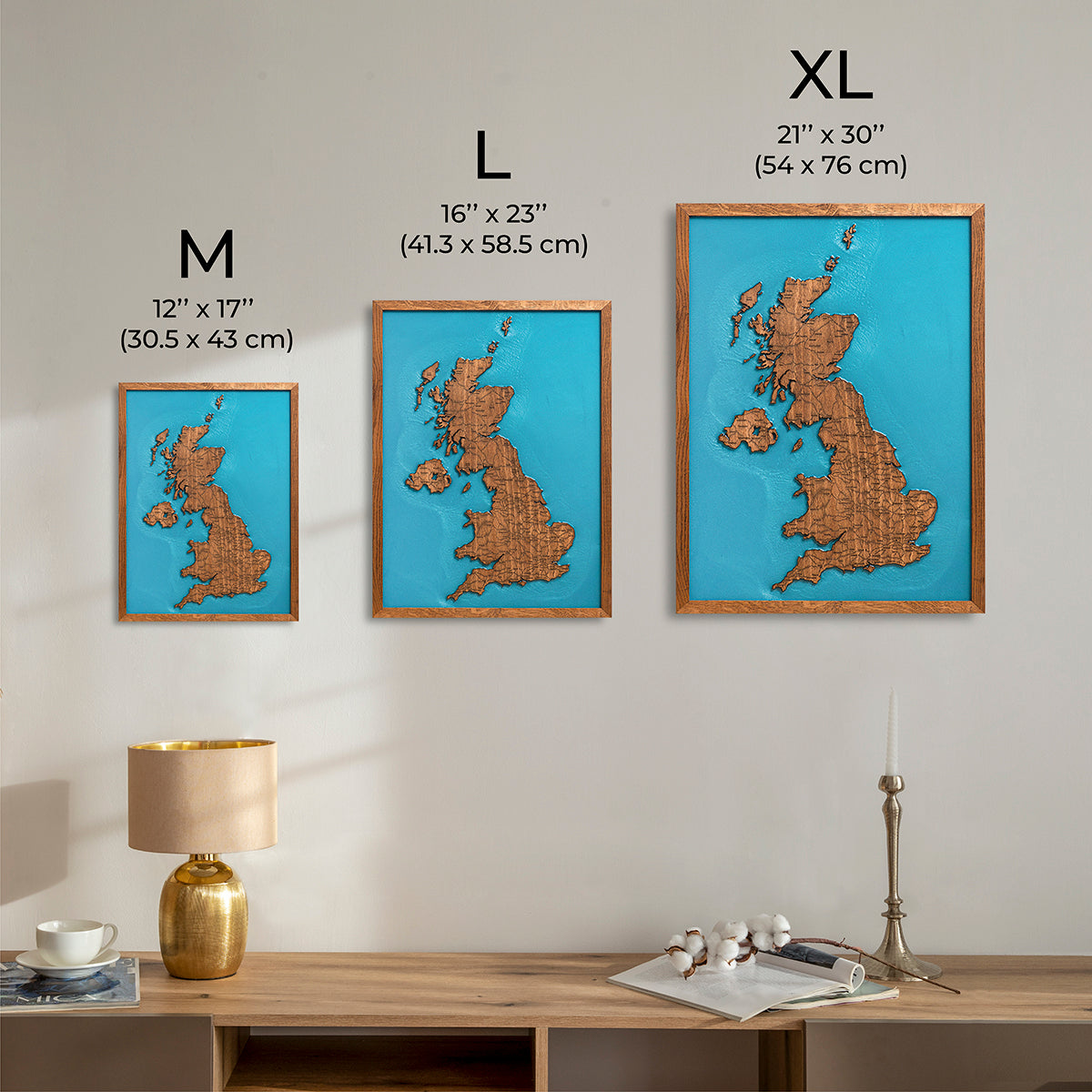 Size chart comparison for United Kingdom wooden map with epoxy resin showing M L and XL dimensions