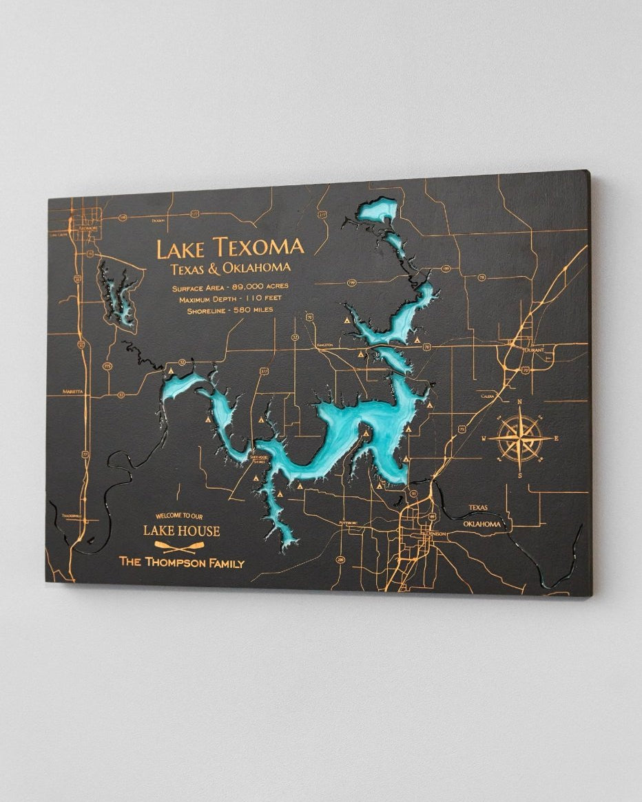 Map of Lake Texoma with turquoise water on a black background