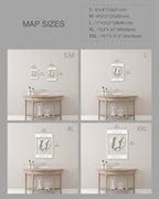 Map sizes chart with corresponding dimensions and visual examples on a wall.
