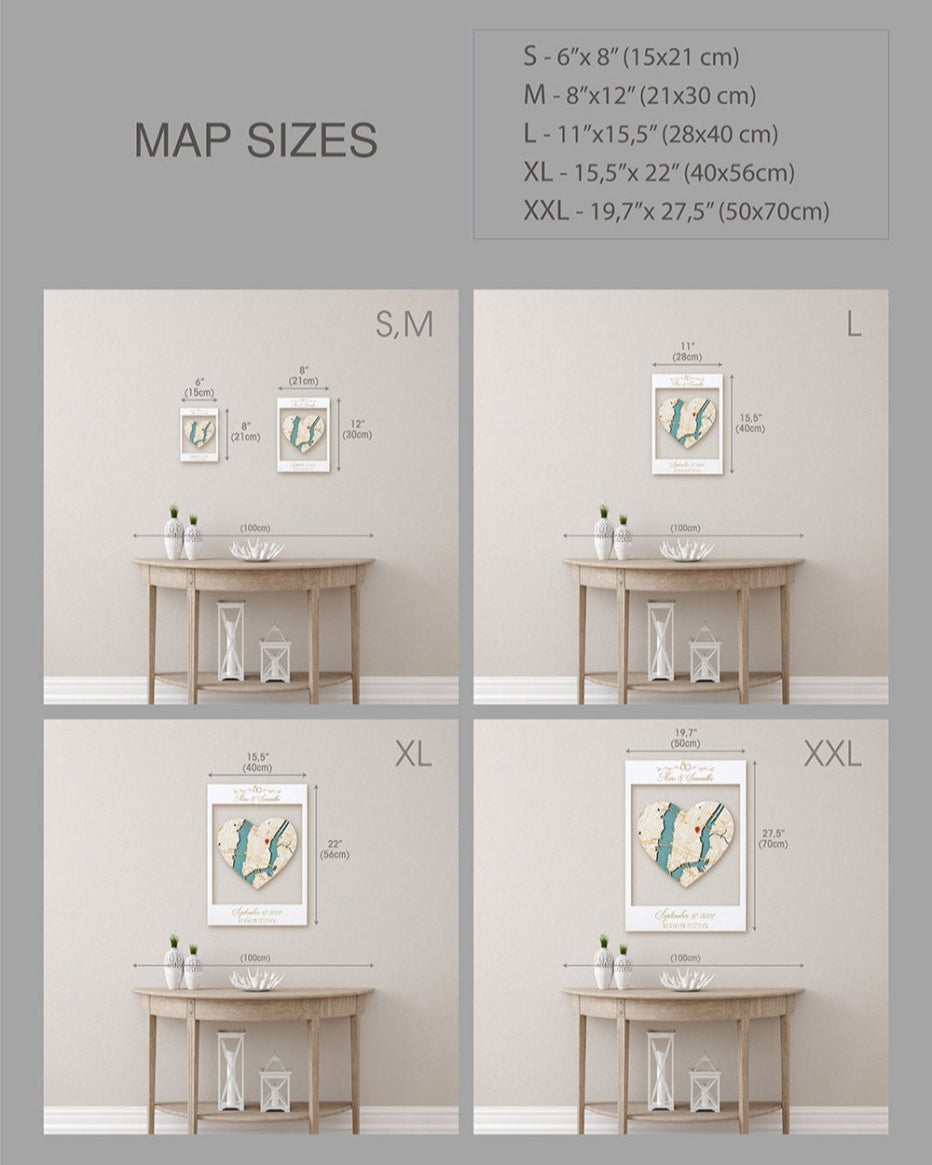 Map sizes chart with corresponding dimensions and visual examples on a wall.