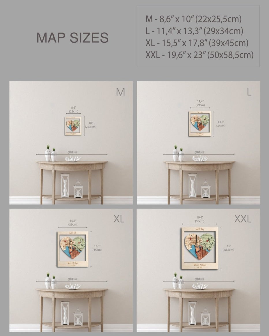 Comparison of map sizes on a wall with corresponding dimensions.
