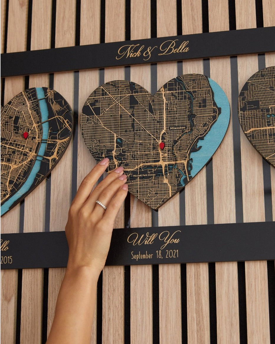 Heart-shaped map design with personalized text on a wooden background