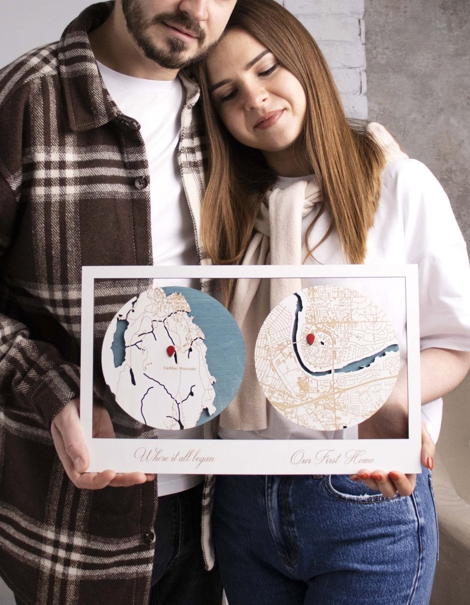 Personalized 3D Wooden Map with Two Locations & Hearts – Custom Long Distance Relationship Gift / Anniversary / Wedding Decor