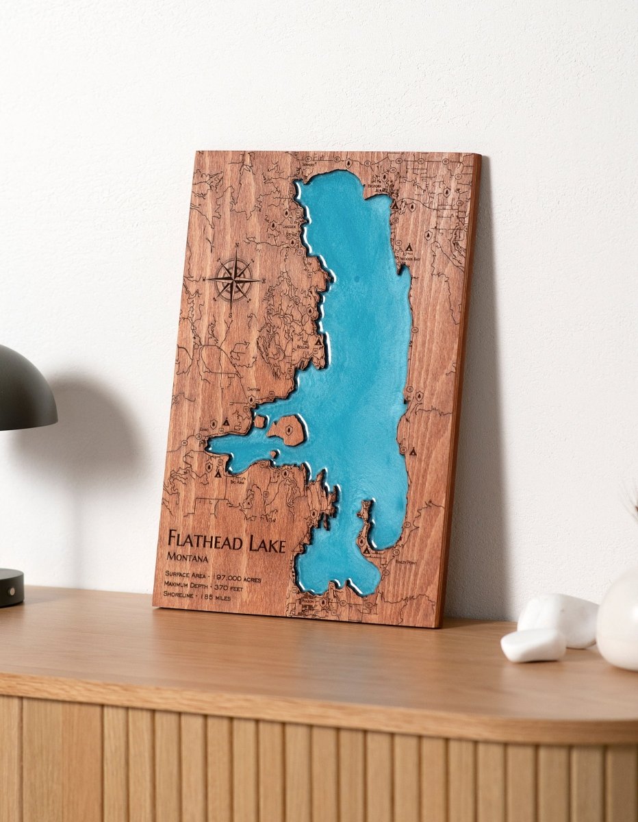 Custom Wood 3D Lake Map With Epoxy Resin - Flathead Lake