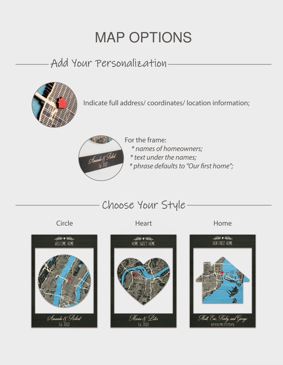 Personalized map options with customizable text and design choices on a white background.