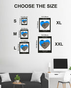 Wall art size chart with heart design in a living room setting