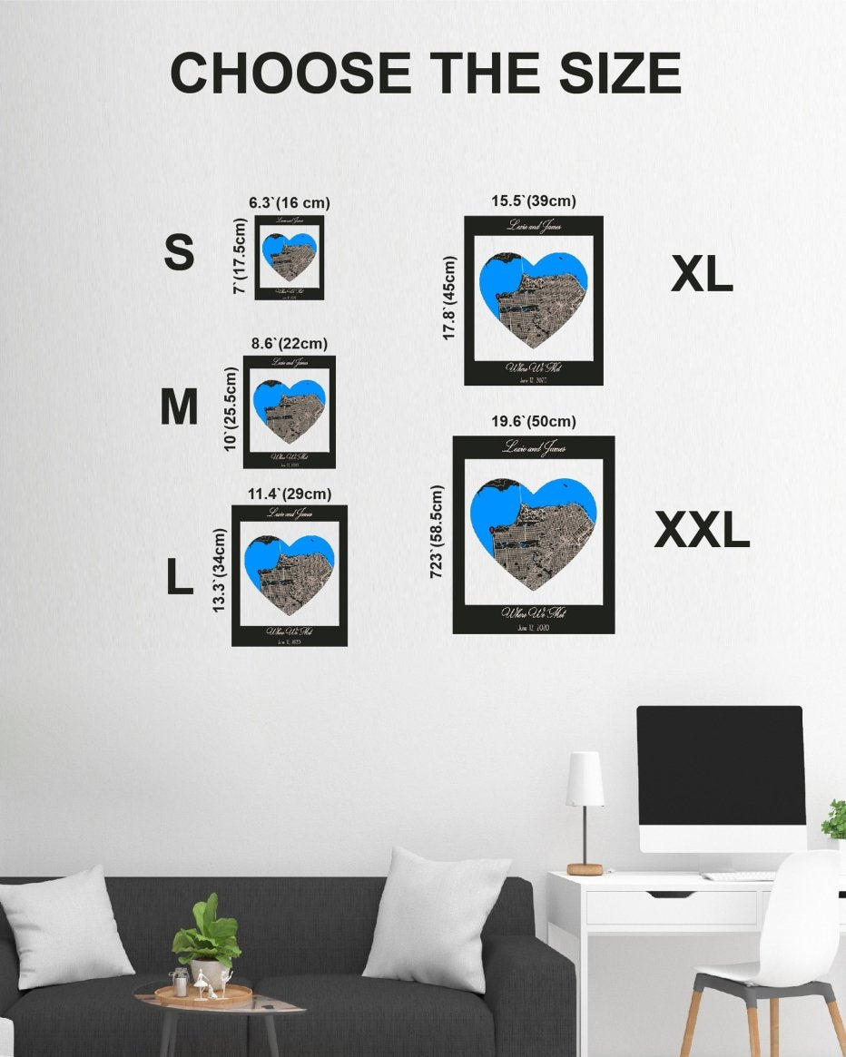 Wall art size chart with heart design in a living room setting