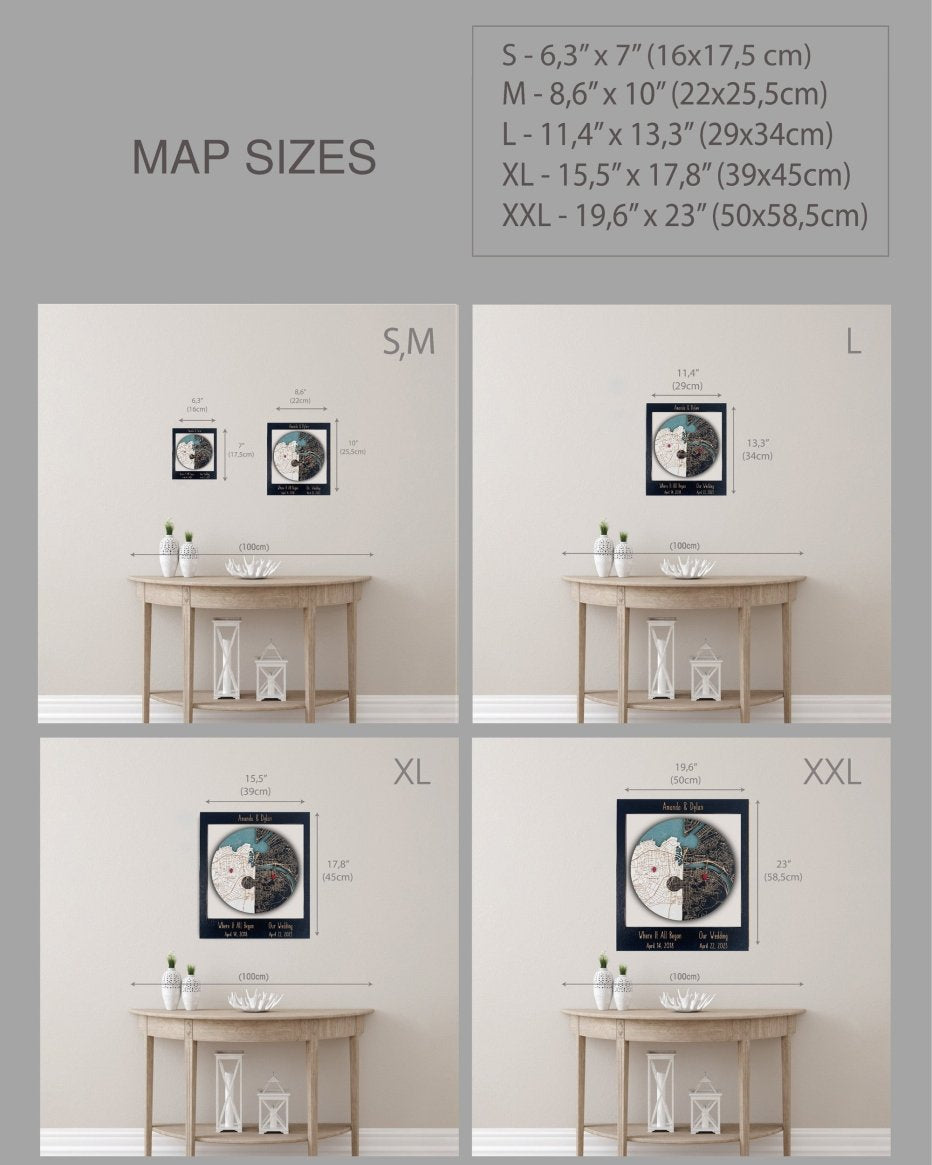 Map sizes comparison with corresponding dimensions and room settings.
